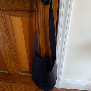 Navy blue leather/crocheted bucket bag